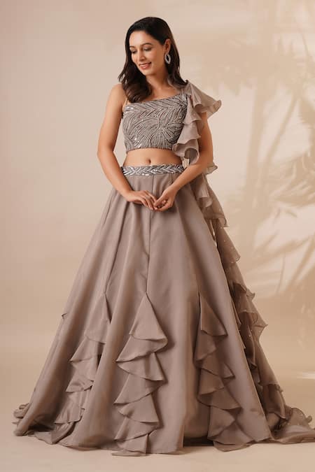 Chaashni By Maansi And Ketan_Grey Organza Sequins, Cut Ruffle Detail Lehenga With Embroidered Draped Blouse_Online_at_Aza_Fashions
