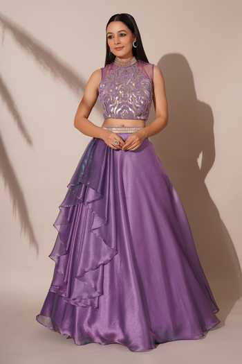 Buy_Chaashni By Maansi And Ketan_Purple Organza Beads Round Neck Nalki And Embroidered Blouse Lehenga Set_Online_at_Aza_Fashions