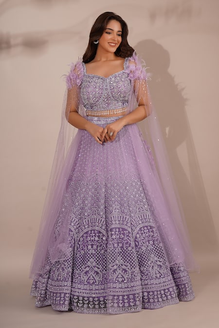 Chaashni by Maansi and Ketan Purple Net Embroidery Sequin Sweetheart Neck Blouse Lehenga Set