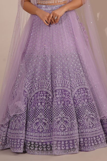 Chaashni By Maansi And Ketan_Purple Net Beads, Feathers Sweetheart Neck Embroidered Blouse Lehenga Set _Online_at_Aza_Fashions