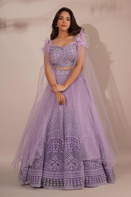 Buy_Chaashni By Maansi And Ketan_Purple Net Beads, Feathers Sweetheart Neck Embroidered Blouse Lehenga Set _Online_at_Aza_Fashions