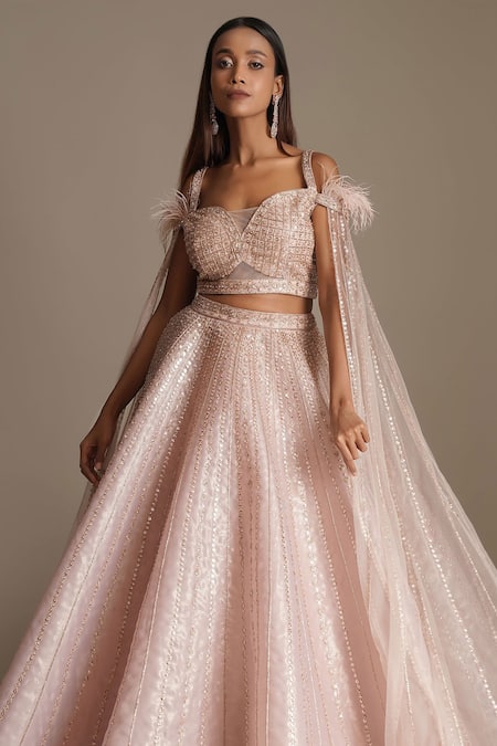 Chaashni By Maansi And Ketan Pink Organza Feathers Sweetheart Neck Sequin Embroidered Lehenga Blouse Set Online at Aza Fashions Chaashni By Maansi And Ketan_Pink Organza Feathers Sweetheart Neck Sequin Embroidered Lehenga Blouse Set _Online_at_Aza_Fashions