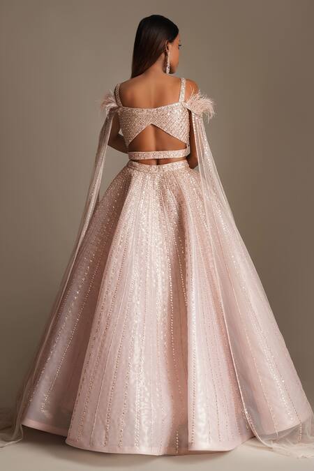 Shop Chaashni By Maansi And Ketan Pink Organza Feathers Sweetheart Neck Sequin Embroidered Lehenga Blouse Set at Aza Fashions Shop_Chaashni By Maansi And Ketan_Pink Organza Feathers Sweetheart Neck Sequin Embroidered Lehenga Blouse Set _at_Aza_Fashions