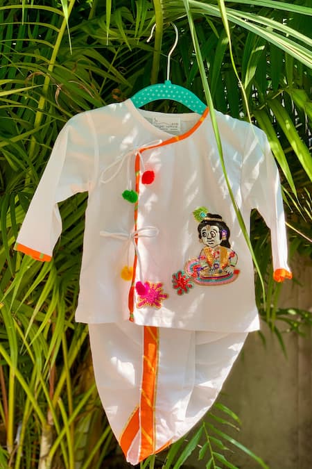 Rage Attire-Sweta Saria White Cotton Pom-poms Rang De Krishna Embroidered Kurta With Dhoti