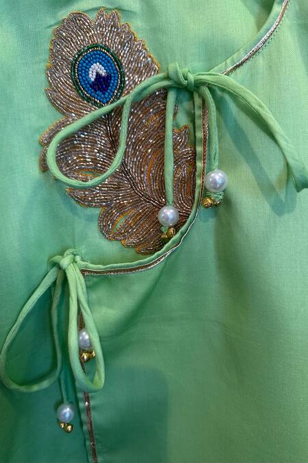 Shop_Rage Attire-Sweta Saria_Green Cotton, Silk Pearls Morpankh Work Kurta With Dhoti _Online_at_Aza_Fashions