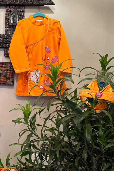 Buy_Rage Attire-Sweta Saria_Orange Cotton, Silk Embroidery Padma Morpankh Kurta With Dhoti _Online_at_Aza_Fashions