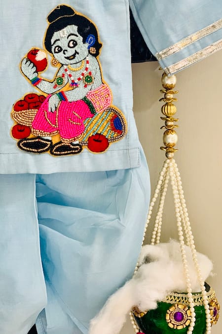 Rage Attire-Sweta Saria_Blue Cotton, Silk Beads, Gota Seb Khaye Kanahiya Embroidered Kurta Dhoti Set _Online_at_Aza_Fashions