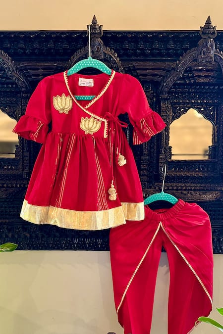 Rage Attire-Sweta Saria Red Cotton Zari Hand Embroidered Angrakha Kurta With Tulip Pant
