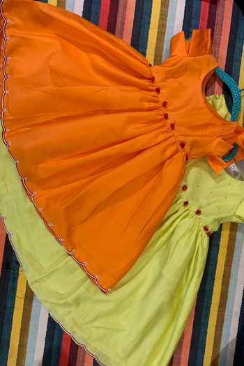 Rage Attire-Sweta Saria_Orange Cotton, Silk Pearls Meera Yoke Embroidered Dress With Mukut _Online_at_Aza_Fashions