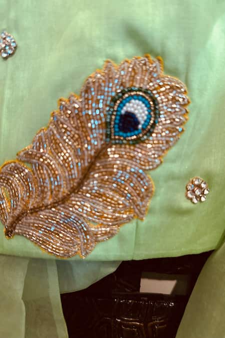 Rage Attire-Sweta Saria_Green Organza, , Satin Tassels, Mor Pankh Blouse With Ghagra _Online_at_Aza_Fashions