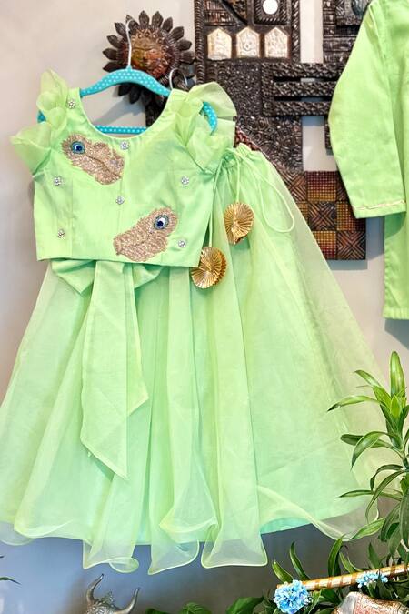 Buy_Rage Attire-Sweta Saria_Green Organza, , Satin Tassels, Mor Pankh Blouse With Ghagra _Online_at_Aza_Fashions