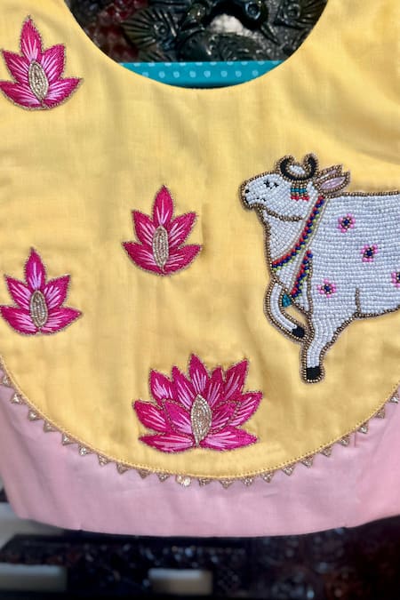 Rage Attire-Sweta Saria_Peach Organza, Satin, Embroidery, Pichwai Art Blouse With Ghagra _Online_at_Aza_Fashions