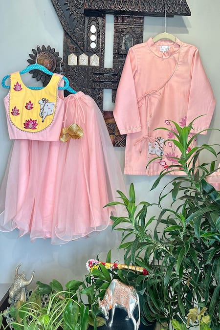 Buy_Rage Attire-Sweta Saria_Peach Organza, Satin, Embroidery, Pichwai Art Blouse With Ghagra _Online_at_Aza_Fashions