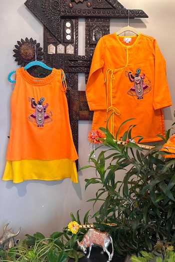 Buy_Rage Attire-Sweta Saria_Orange Cotton, Silk Embroidery Lord Shrinathji Tunic With Tulip Pant _Online_at_Aza_Fashions