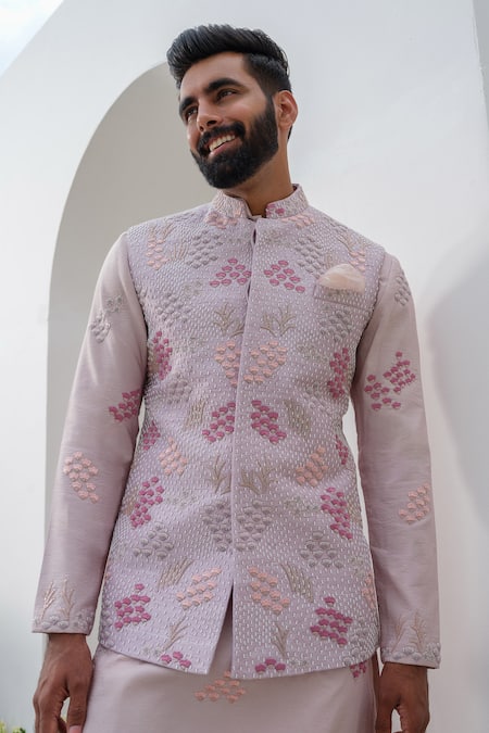 Buy_Amrit Dawani_Purple Silk, Cotton Embroidery, Cut Work Floral Bundi Kurta Set _Online_at_Aza_Fashions