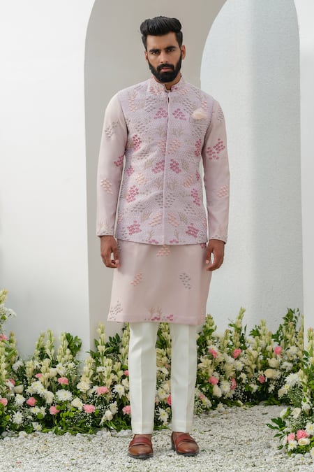 Shop_Amrit Dawani_Purple Silk, Cotton Embroidery, Cut Work Floral Bundi Kurta Set _Online_at_Aza_Fashions