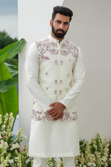 Shop_Amrit Dawani_Ivory Cotton, Silk Embroidery Floral Bundi Kurta Set _Online_at_Aza_Fashions