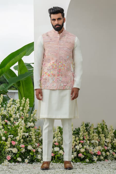 Buy_Amrit Dawani_Peach Silk, Satin, Embroidery, Cut Work Marine Thread Bundi Set _Online_at_Aza_Fashions