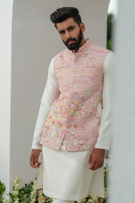 Amrit Dawani_Peach Silk, Satin, Embroidery, Cut Work Marine Thread Bundi Set _at_Aza_Fashions