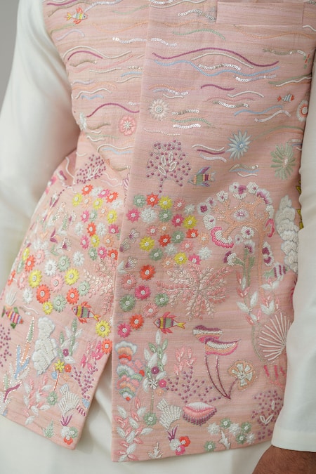 Buy_Amrit Dawani_Peach Silk, Satin, Embroidery, Cut Work Marine Thread Bundi Set 