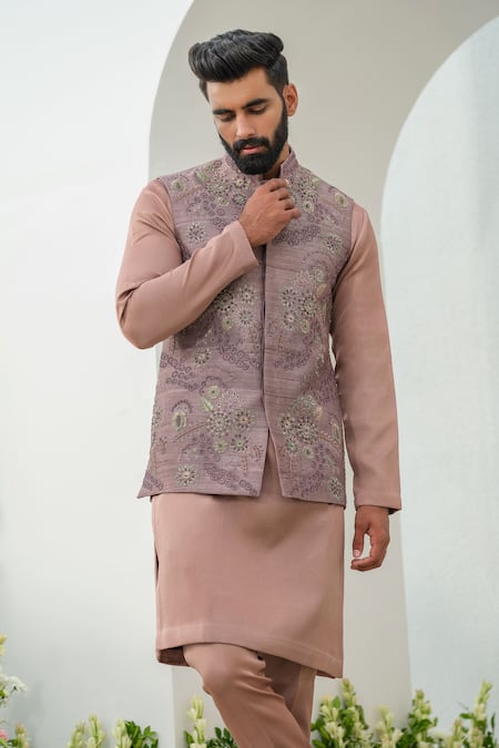 Amrit Dawani_Brown Silk, Cotton Embroidery, Cut Work Bundi Kurta Set _at_Aza_Fashions