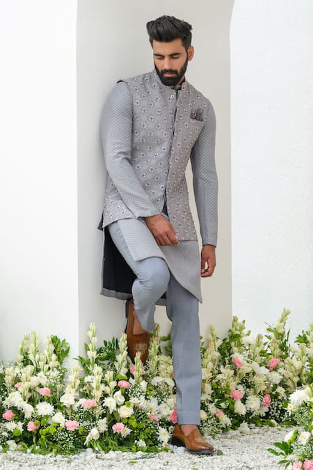 Amrit Dawani_Gray Cotton, Chanderi, Silk Cut Work, Cutdana Embellished Bundi Kurta Set _Online_at_Aza_Fashions