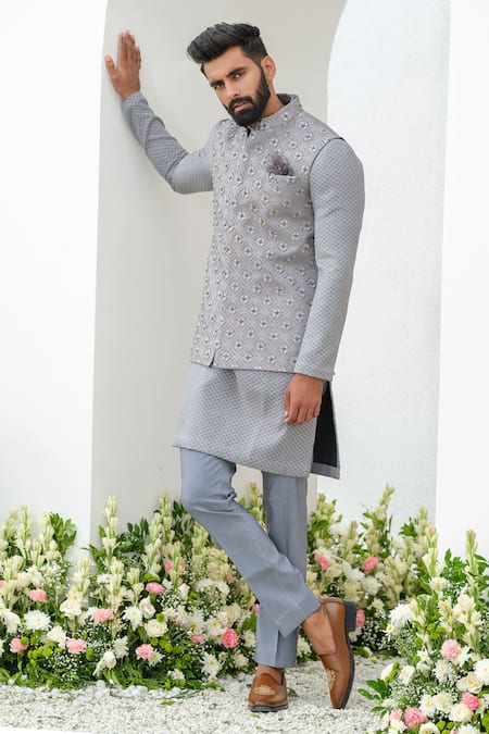 Buy_Amrit Dawani_Gray Cotton, Chanderi, Silk Cut Work, Cutdana Embellished Bundi Kurta Set _Online_at_Aza_Fashions