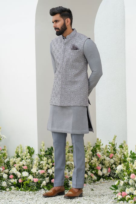 Shop_Amrit Dawani_Gray Cotton, Chanderi, Silk Cut Work, Cutdana Embellished Bundi Kurta Set _Online_at_Aza_Fashions