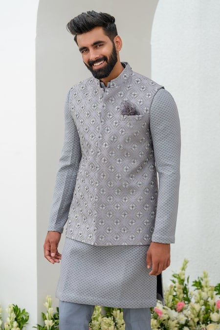 Amrit Dawani_Gray Cotton, Chanderi, Silk Cut Work, Cutdana Embellished Bundi Kurta Set _at_Aza_Fashions