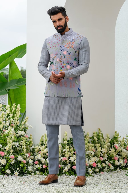 Amrit Dawani Grey Bundi Polyester Handpainted Floral Kurta Set
