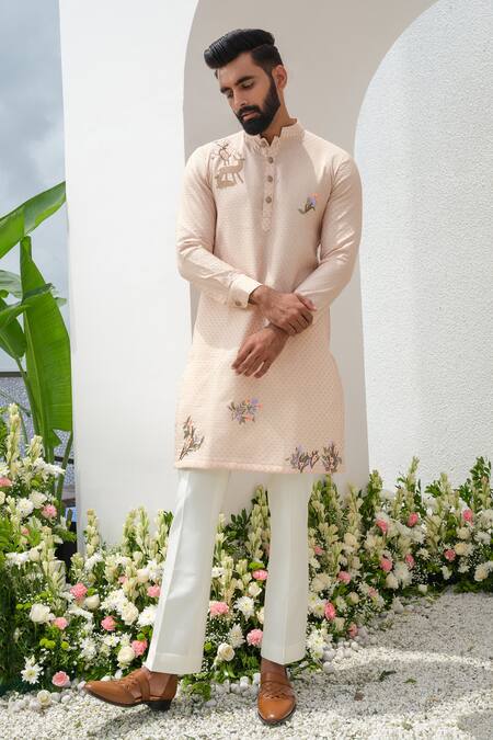 Amrit Dawani_Peach Chanderi, Cotton Embroidery Kurta With Bell Bottom Pant_Online_at_Aza_Fashions