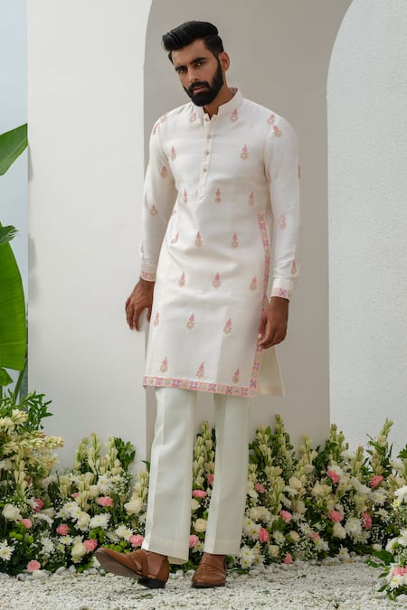 Buy Pink Kurta Raw Silk Embroidered Thread Floral With Bell Bottom