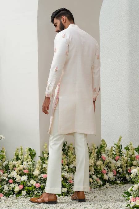Buy Pink Kurta Raw Silk Embroidered Thread Floral With Bell Bottom