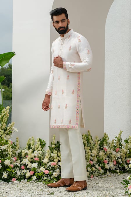 Shop_Amrit Dawani_Pink Silk, Cotton Embroidery, Mirrors Floral Kurta Set _Online_at_Aza_Fashions