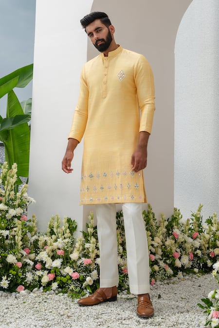 Amrit Dawani Yellow Kurta Raw Silk Embroidered Floral Placement With Bell Bottom Pant 