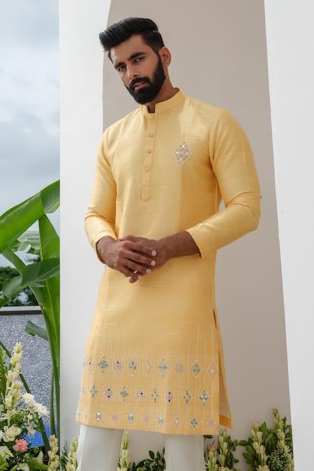 Amrit Dawani_Yellow Silk, Cotton Embroidery Floral Placement Kurta With Bell Bottom Pant _Online_at_Aza_Fashions