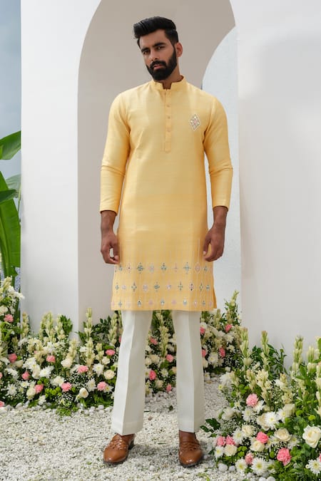 Shop_Amrit Dawani_Yellow Silk, Cotton Embroidery Floral Placement Kurta With Bell Bottom Pant _Online_at_Aza_Fashions