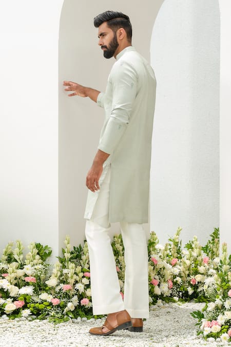 Shop_Amrit Dawani_Green Cotton, Silk Embroidery Floral Butti Kurta With Bell Bottom Pant _Online_at_Aza_Fashions