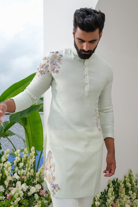 Amrit Dawani_Green , Satin Placed Hand Painted Kurta With Bell Bottom Pant _Online_at_Aza_Fashions