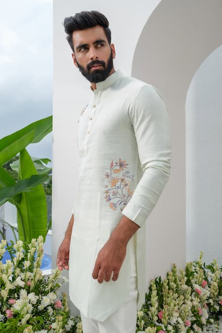 Buy_Amrit Dawani_Green , Satin Placed Hand Painted Kurta With Bell Bottom Pant _Online_at_Aza_Fashions