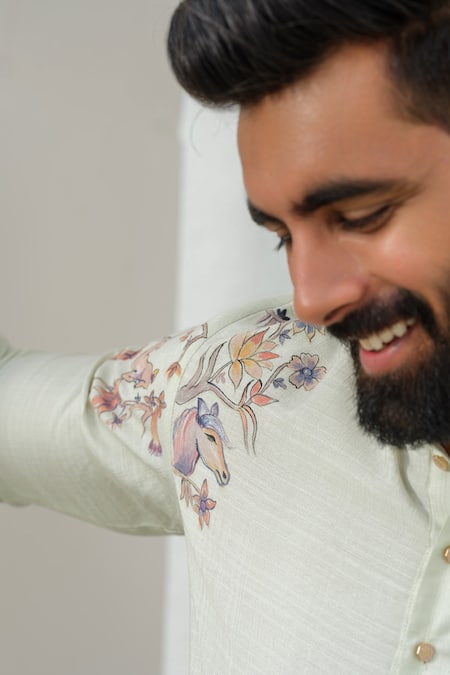 Shop_Amrit Dawani_Green , Satin Placed Hand Painted Kurta With Bell Bottom Pant _Online_at_Aza_Fashions