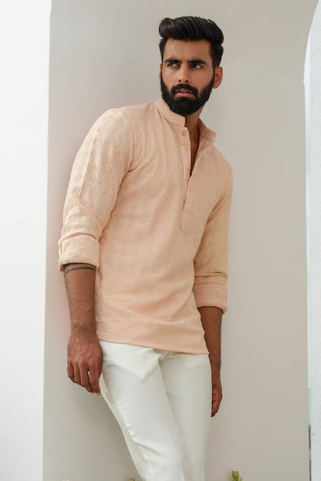Buy_Amrit Dawani_Peach Linen Embroidery Thread Short Kurta _Online_at_Aza_Fashions