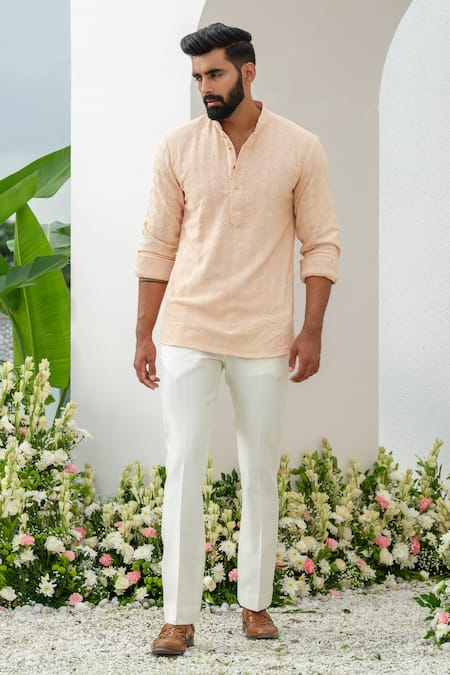 Shop_Amrit Dawani_Peach Linen Embroidery Thread Short Kurta _Online_at_Aza_Fashions