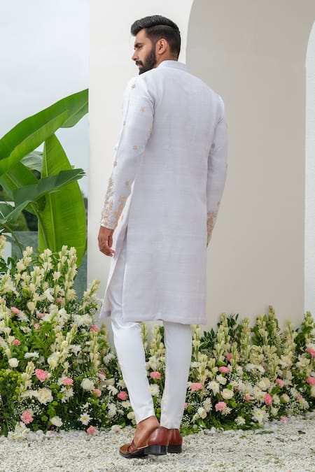 Shop_Amrit Dawani_Purple Silk, Cotton Pearls, Zari Embellished Kurta With Pant _at_Aza_Fashions