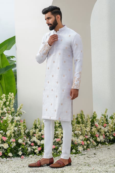 Amrit Dawani_Purple Silk, Cotton Pearls, Zari Embellished Kurta With Pant _Online_at_Aza_Fashions