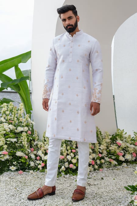 Buy_Amrit Dawani_Purple Silk, Cotton Pearls, Zari Embellished Kurta With Pant _Online_at_Aza_Fashions