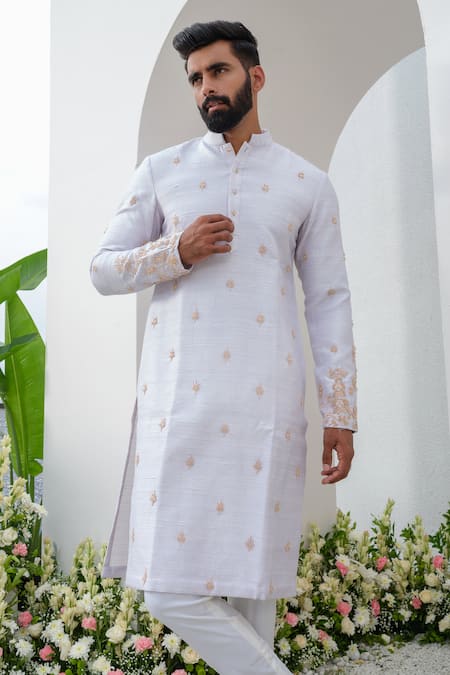 Amrit Dawani_Purple Silk, Cotton Pearls, Zari Embellished Kurta With Pant _at_Aza_Fashions