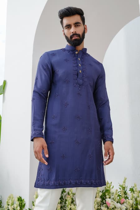 Buy_Amrit Dawani_Blue Cotton, Silk Cut Work, Embroidery Floral Thread Kurta With Pant _Online_at_Aza_Fashions