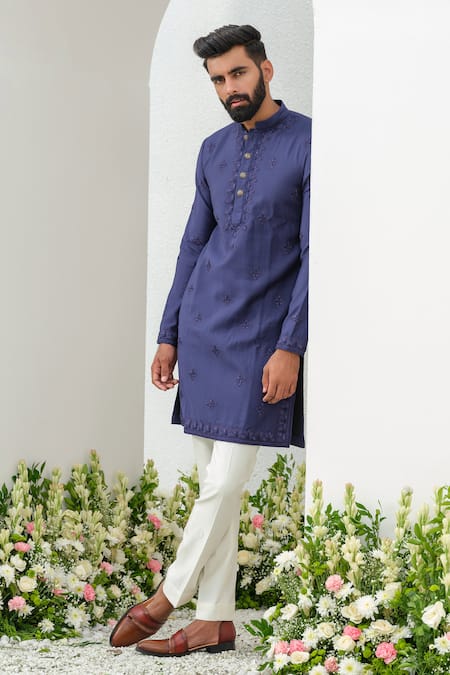 Shop_Amrit Dawani_Blue Cotton, Silk Cut Work, Embroidery Floral Thread Kurta With Pant _Online_at_Aza_Fashions