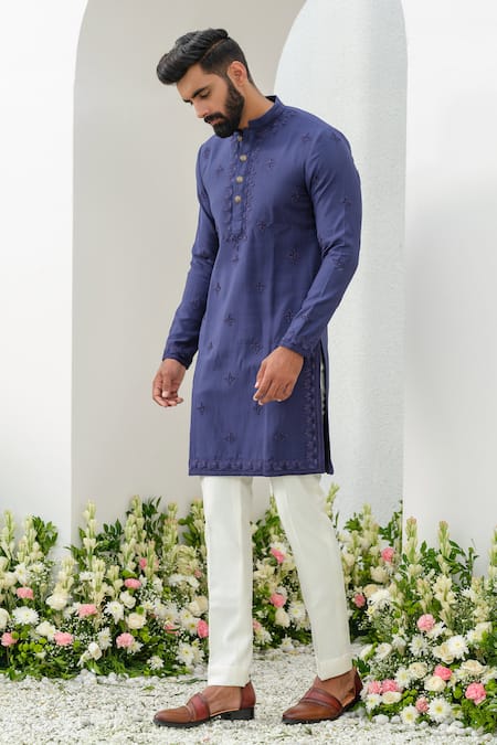 Buy_Amrit Dawani_Blue Cotton, Silk Cut Work, Embroidery Floral Thread Kurta With Pant 